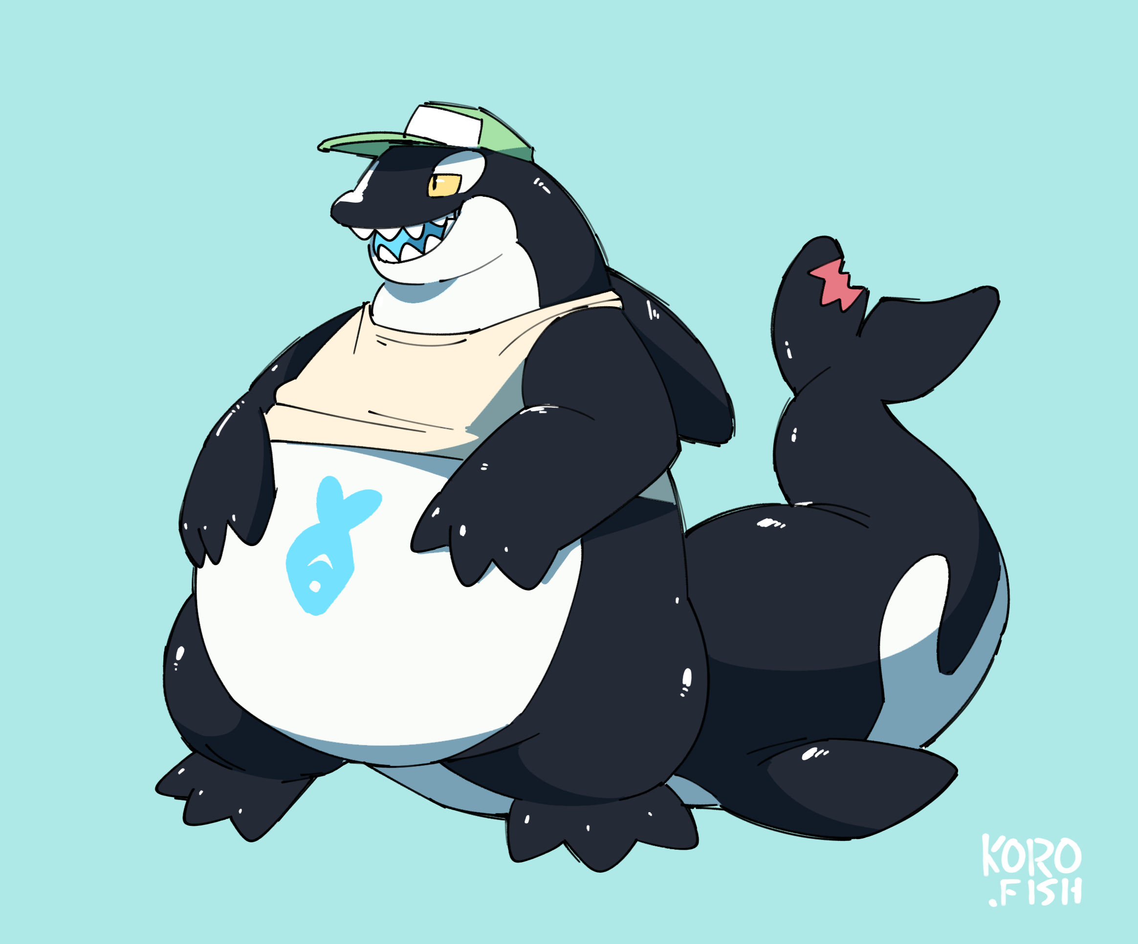 Art of Koro, an anthro orca, with a very very round belly. It's wearing a green baseball cap and a creme tank top that barely fits. Its resting its front flipper-hands on its belly.