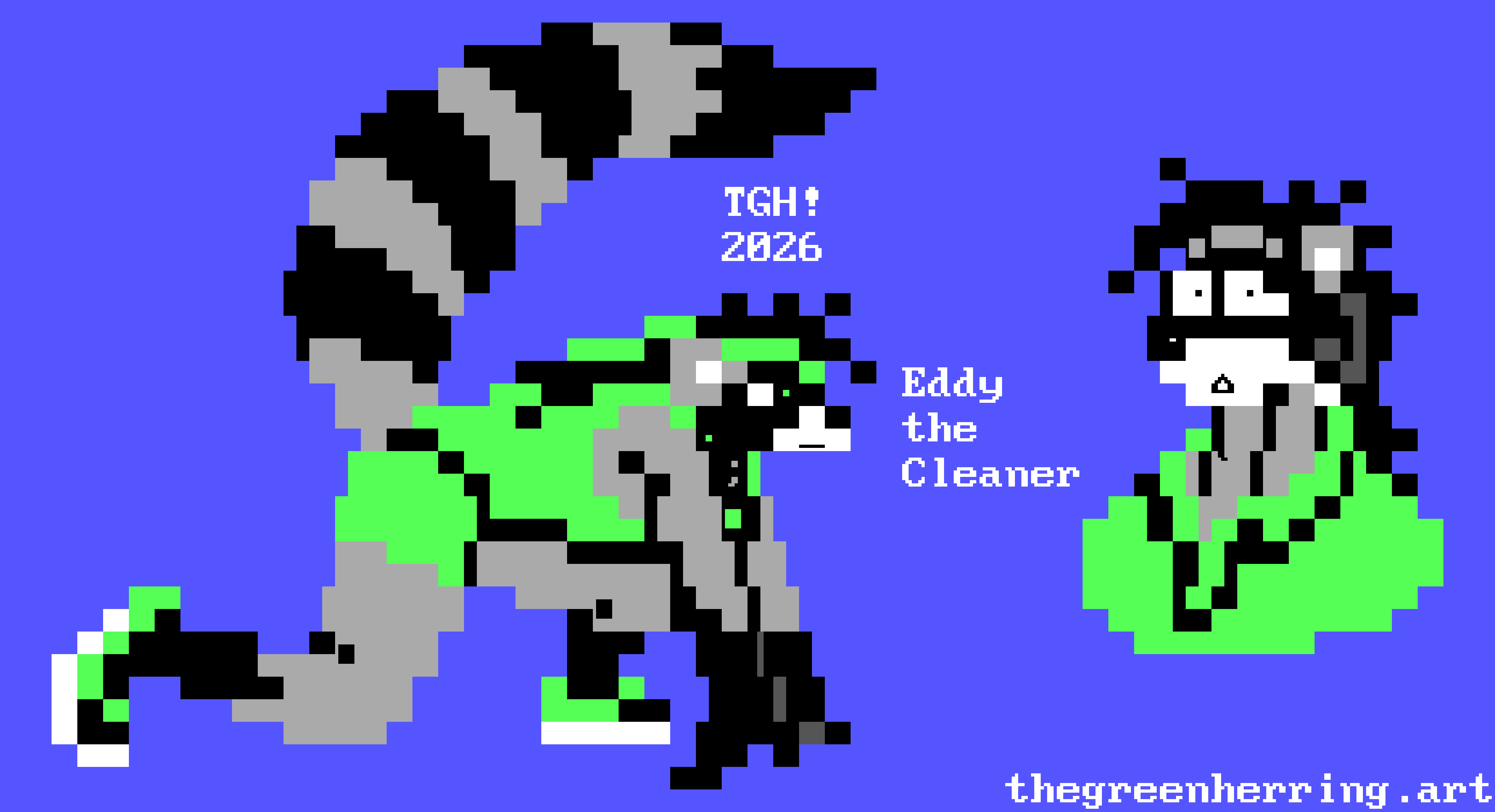 Smallscale ANSI art depicting an athletic raccoon man with long hair from an upcoming indie game jam game in two images. One shows him in green marathon running clothes with a long headband and running shoes with open soles, crouched with his hands on the ground and ready to start a race with determination in his eyes. The other is a portrait of him in a green polo shirt with a surprised, cartoony expression on his face, as if reacting to someone suddenly whipping out a smartphone camera right in front of him. Between them is the text "Eddy the Cleaner" in the classic IBM serif font.